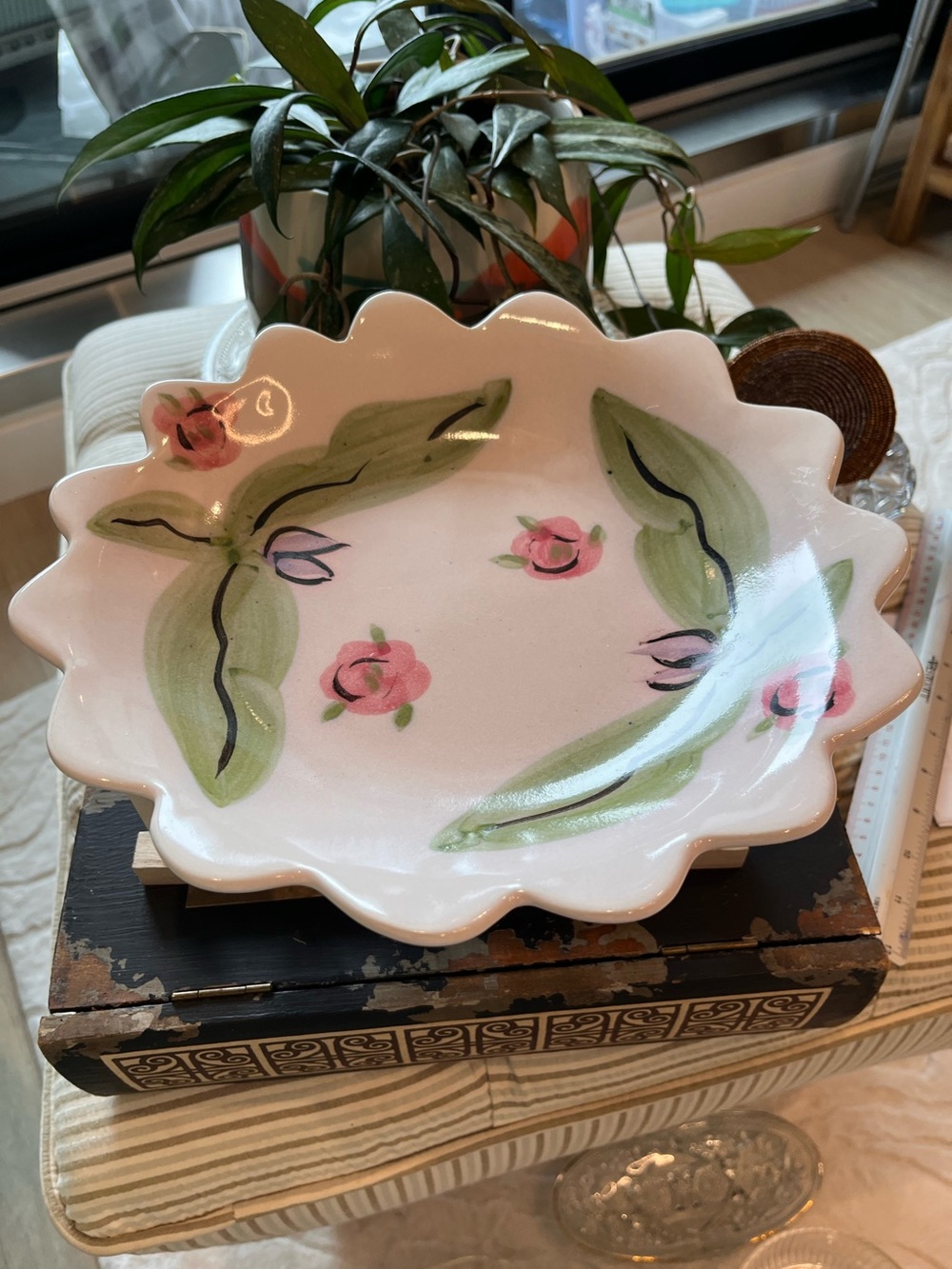 Hand-Painted Pink Floral Scalloped Serving Bowl Signed studio piece